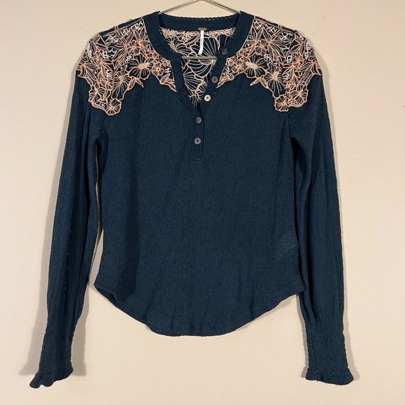 Free People Teal Blouse with Beige Lace Detail - Picture 1 of 7